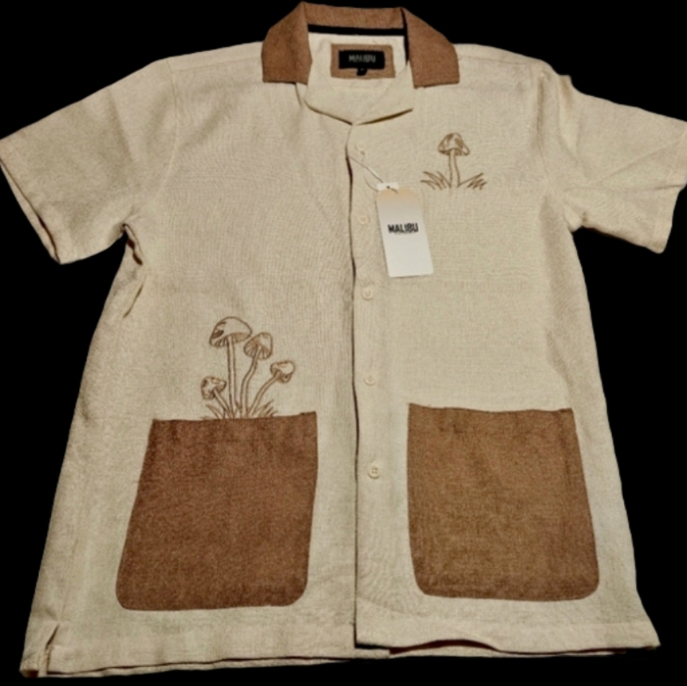 Men's Mushroom Block Embroidery Terry Camp Shirt Button Down - Size Small